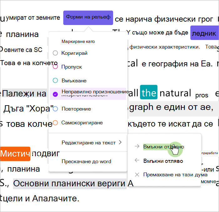 Sreenshot of review screen of reading progress showing how to insert words on the right or left of selected