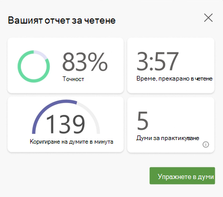 екранна снимка на данни от тренировка за четене, показани са точността, времето, прекарано в четене, правилните думи в минута и броят думи за практикуване.