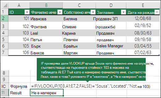 =IF(VLOOKUP(103;A1:E7;2;FALSE)=Souse;Location;Not found) IF проверява дали VLOOKUP връща Sousa като фамилно име на служителя, съответстващ на 103 (lookup_value) в A1:E7 (table_array). Тъй като фамилното име, съответстващо на 103, е Leal, условието IF е false и се показва Not Found.