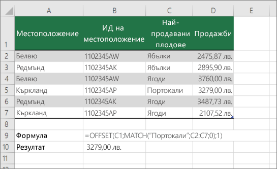 Пример за функциите OFFSET и MATCH