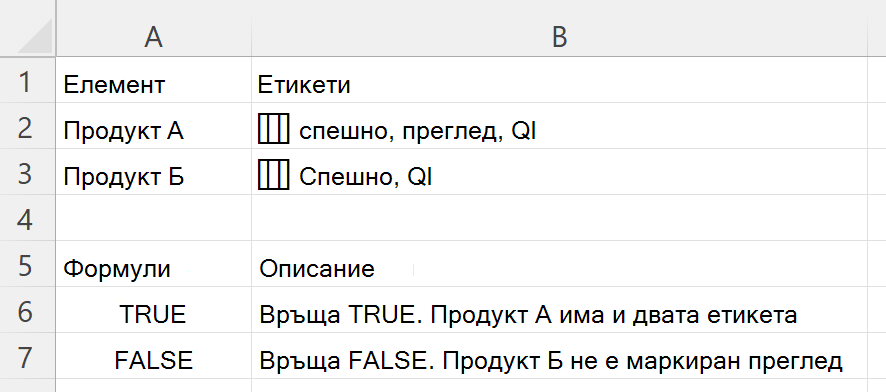 Използване на HASALL за проверка дали клетка, съдържаща вложен масив от етикети, включва всеки задължителен етикет