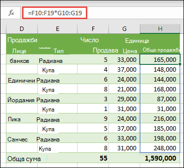 Многоклетъчна функция за масив в клетка H10 =F10:F19*G10:G19 за изчисляване на броя коли, продадени по единична цена