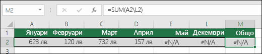 Пример на #N/A, въведен в клетки и пречещ на правилното изчисляване, на формула SUM.