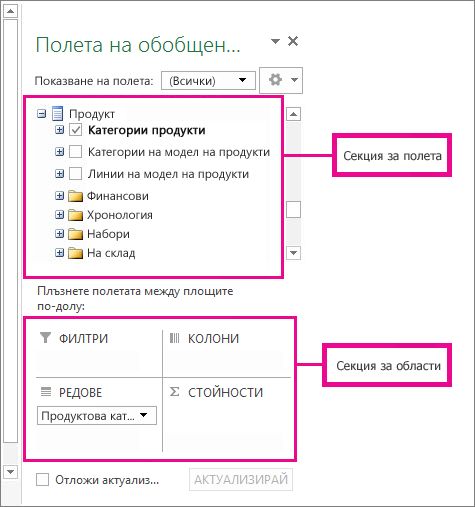 Списъкът с полета, показващ полета на външни данни