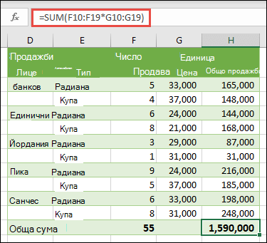 Формула за масив от една клетка за изчисляване на общата сума с =SUM(F10:F19*G10:G19)