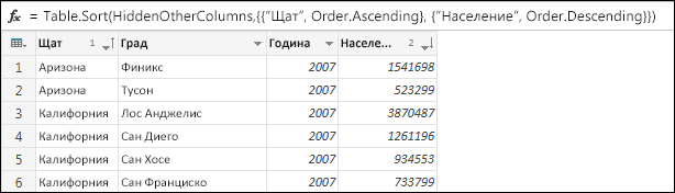 Екранна снимка, която показва пример за сортиране.