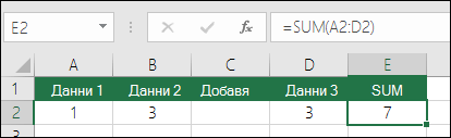 Пример показва как формулата SUM автоматично се разширява от =SUM(A2:C2) на =SUM(A2:D2), когато е вмъкната колона