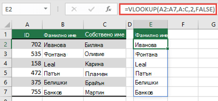 Използвайте =VLOOKUP(A2:A7;A:C;2;FALSE), за да се върне динамичен масив, който няма да доведе до #SPILL! като грешка.