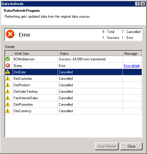 Съобщения за състоянието на обновяване на данните в PowerPivot
