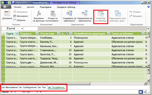 Прозорец с раздели на PowerPivot