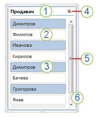 Екранна снимка на елементи на сегментатор на обобщена таблица.