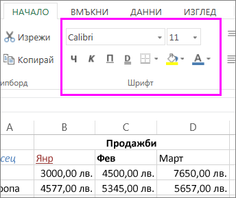 Бутоните за настройки на шрифта в лентата