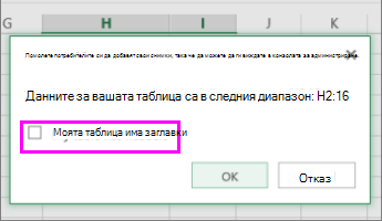 Диалогов прозорец за преобразуване на диапазон на данни в таблица