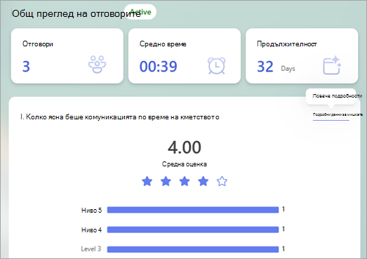 Общ преглед на отговорите показва резюме на отговорите с връзки за повече подробности, които да ви помогнат да проучите подробностите за всеки отговор.