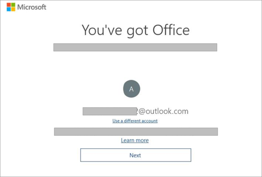 Screenshot of the screen that appears when you buy a new device that includes a license for Office. This screen indicates that Office found your existing Microsoft account.