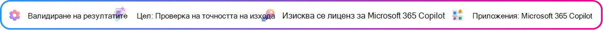 Контекстната карта за проверка на изхода, фокусирана върху проверката на кратко решение, генерирано от Copilot, преди да се действа по него. Цел: Потвърждаване на кратка точност. Изисква се лиценз за Microsoft Copilot. Приложение: Microsoft Copilot.