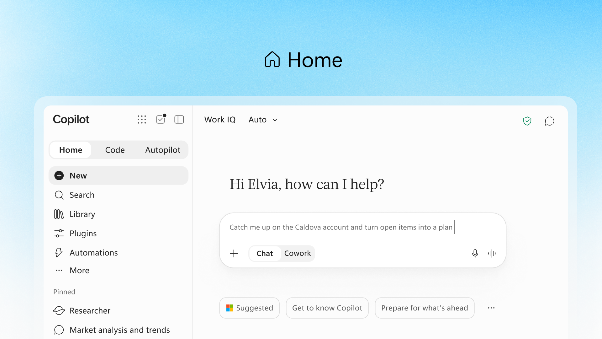 Екранна снимка, показваща началния екран на приложението Microsoft Copilot на работния плот.