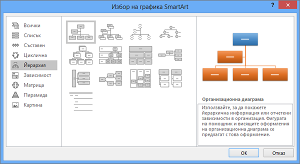 Показва диалоговия прозорец на SmartArt с избрана 
