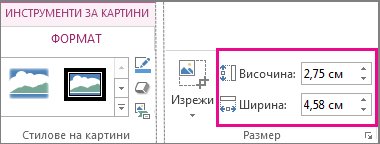 Полета ''Височина'' и ''Ширина'' в раздела ''Инструменти за картини – Форматиране''