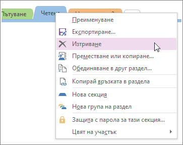 Screenshot of how to delete a section in OneNote 2016.