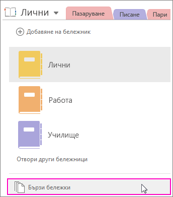 Екранна снимка на екрана за бележници на OneNote 2016 с осветена секция 