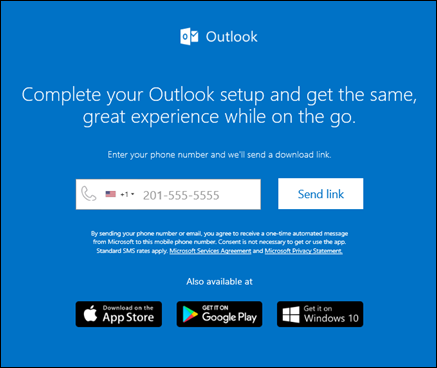 Можете да въведете телефонния си номер, за да инсталирате Outlook за iOS или Outlook за Android.