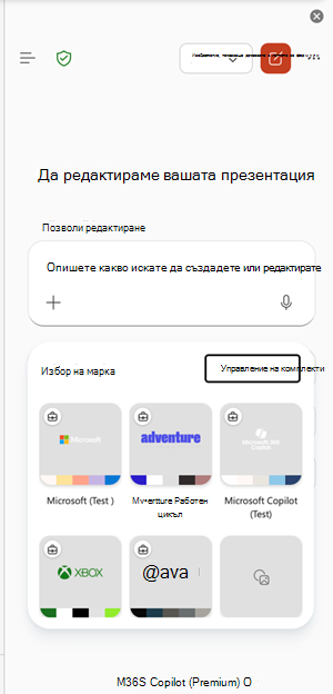 Екранна снимка, която показва входната точка на managebrandkits в PowerPoint.