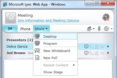 Меню за споделяне на Lync Web App