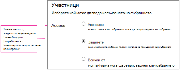 Екранът за подробни данни за събрание с изнесени нива на достъп