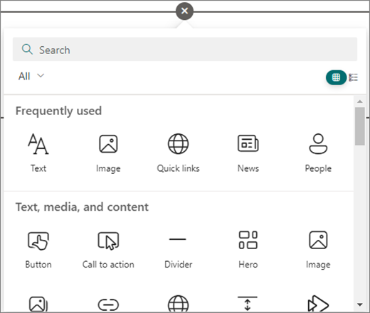 Изберете кръга в страница на SharePoint, която редактирате, за да видите наличните уеб части.