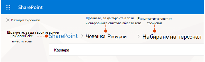 Екранна снимка, показваща откъде идват резултатите и алтернативни места за търсене