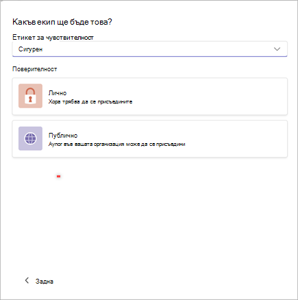 Екранна снимка на прозореца за създаване на нов екип в Microsoft Teams с опции за задаване на чувствителност като защитена и поверителност като частна или публична.