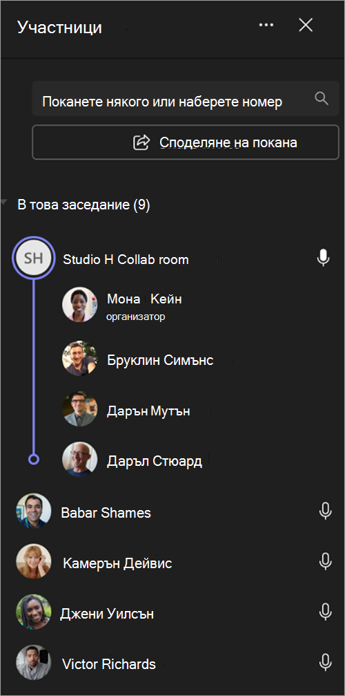 Екранна снимка, показваща как участниците в събранието са групирани в списък