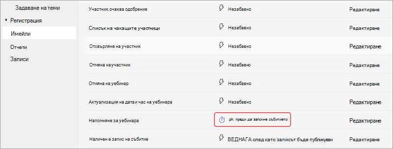 Екранна снимка как да редактирате времето за изпращане на имейли с напомняния за уебинар