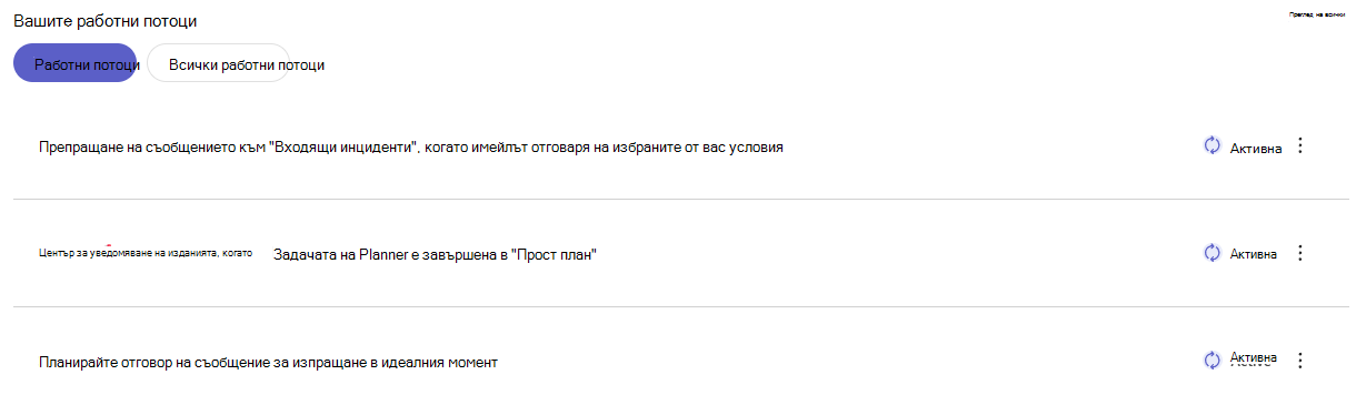 Секцията ''Конфигурирани работни потоци'' в началната страница на ''Работни потоци''