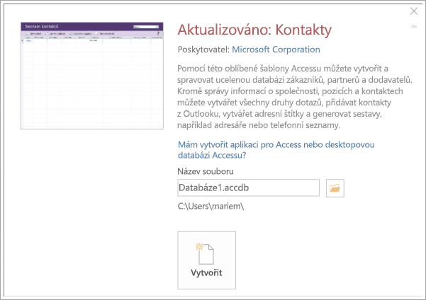 Snímek obrazovky s rozhraním seznamu kontaktů