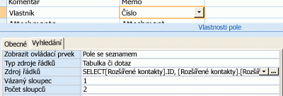 Snímek obrazovky znázorňující použití tabulky nebo dotazu jako zdroje dat pro vyhledávací pole