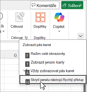Klávesový příkaz pro skrytí panelu nástrojů Rychlý přístup