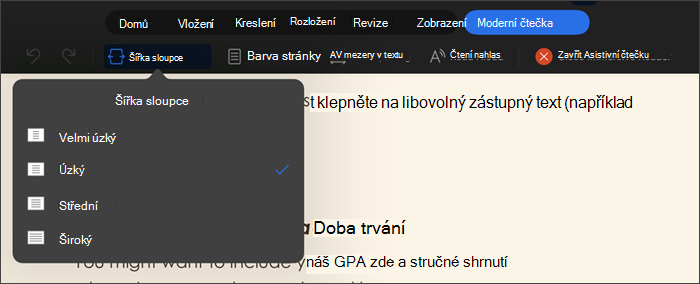 snímek obrazovky Asistivní čtečky s vybranou šířkou sloupce, možnostmi je velmi úzký, úzký, střední, široký
