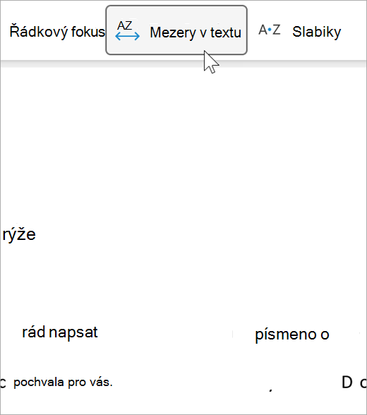 Snímek obrazovky s možností řádkování textu Asistivní čtečky, mezi písmeny a mezi slovy je větší vzdálenost