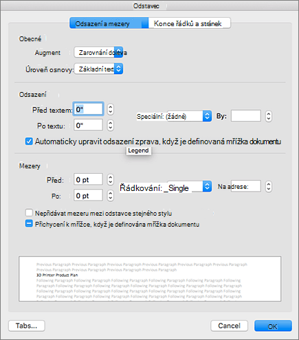 Dialogové okno Odstavec v aplikaci Outlook pro Mac.