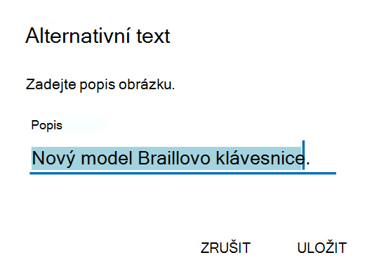 Dialogové okno s alternativním textem v Outlooku pro Android.