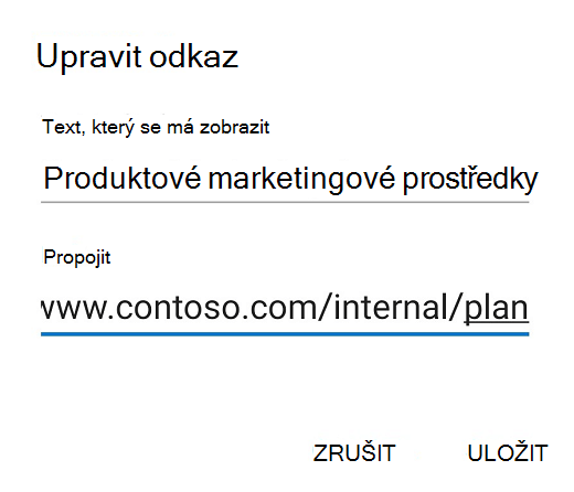 Dialogové okno Upravit odkaz v Outlooku pro Android