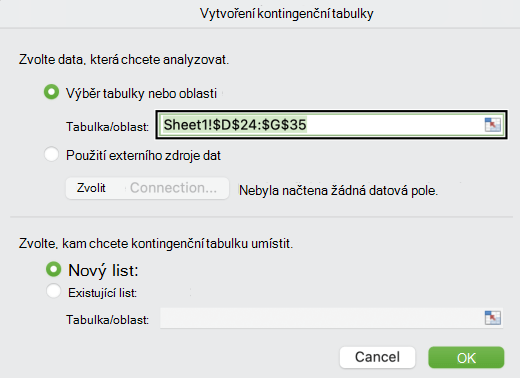 Dialogové okno Vytvořit kontingenční tabulku na Macu