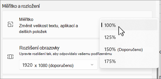 Snímek obrazovky s možnostmi měřítka a rozložení.