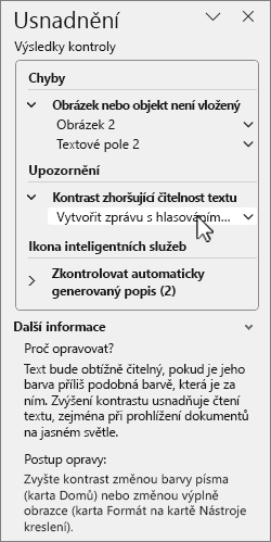 Podokno Přístupnost s výsledky kontroly
