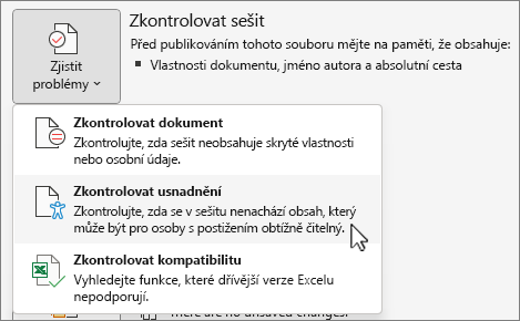 Zkontrolujte problémy & položku nabídky přístupnosti