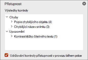 Podokno výsledků kontroly