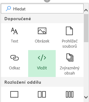 Snímek obrazovky s nabídkou vložení obsahu