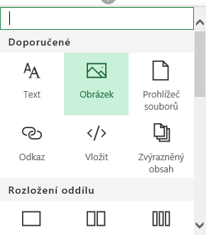Snímek obrazovky s výběrem webové části Obrázek na SharePointu